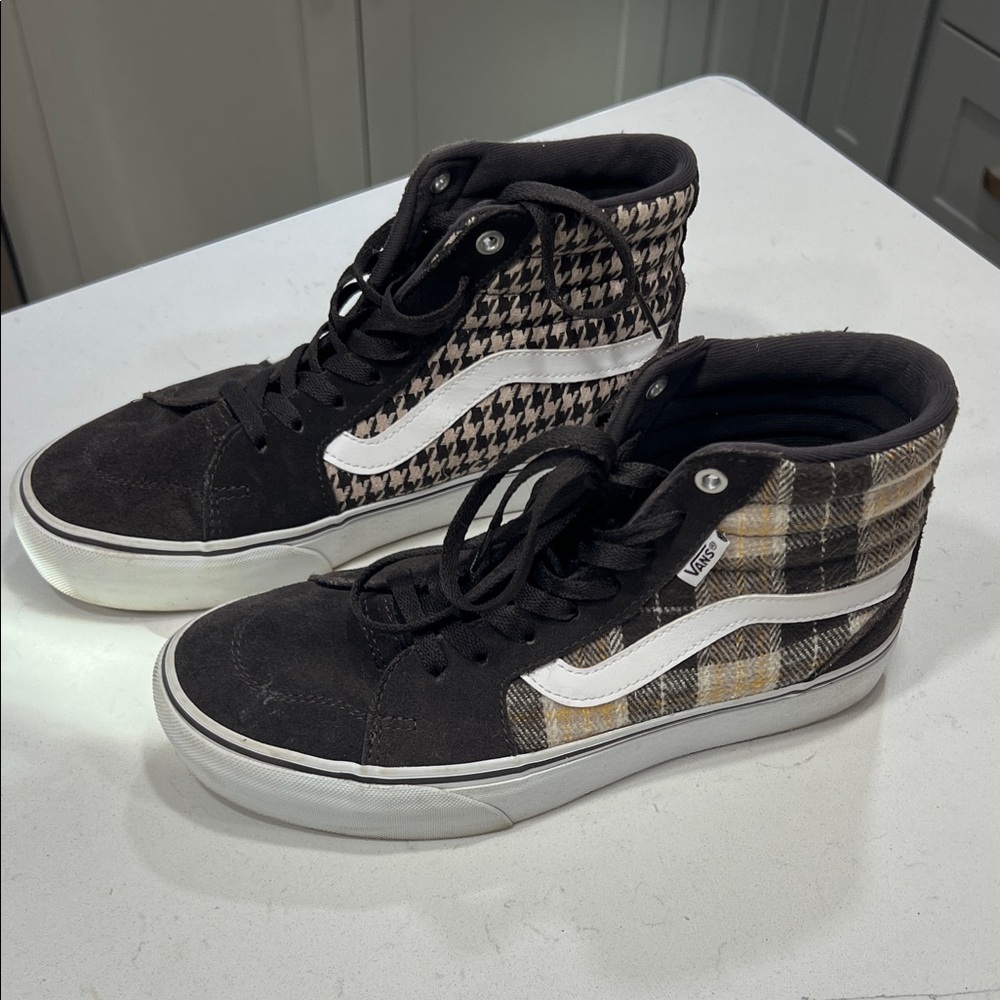 Vans Brown and White Houndstooth High-Top Sneakers